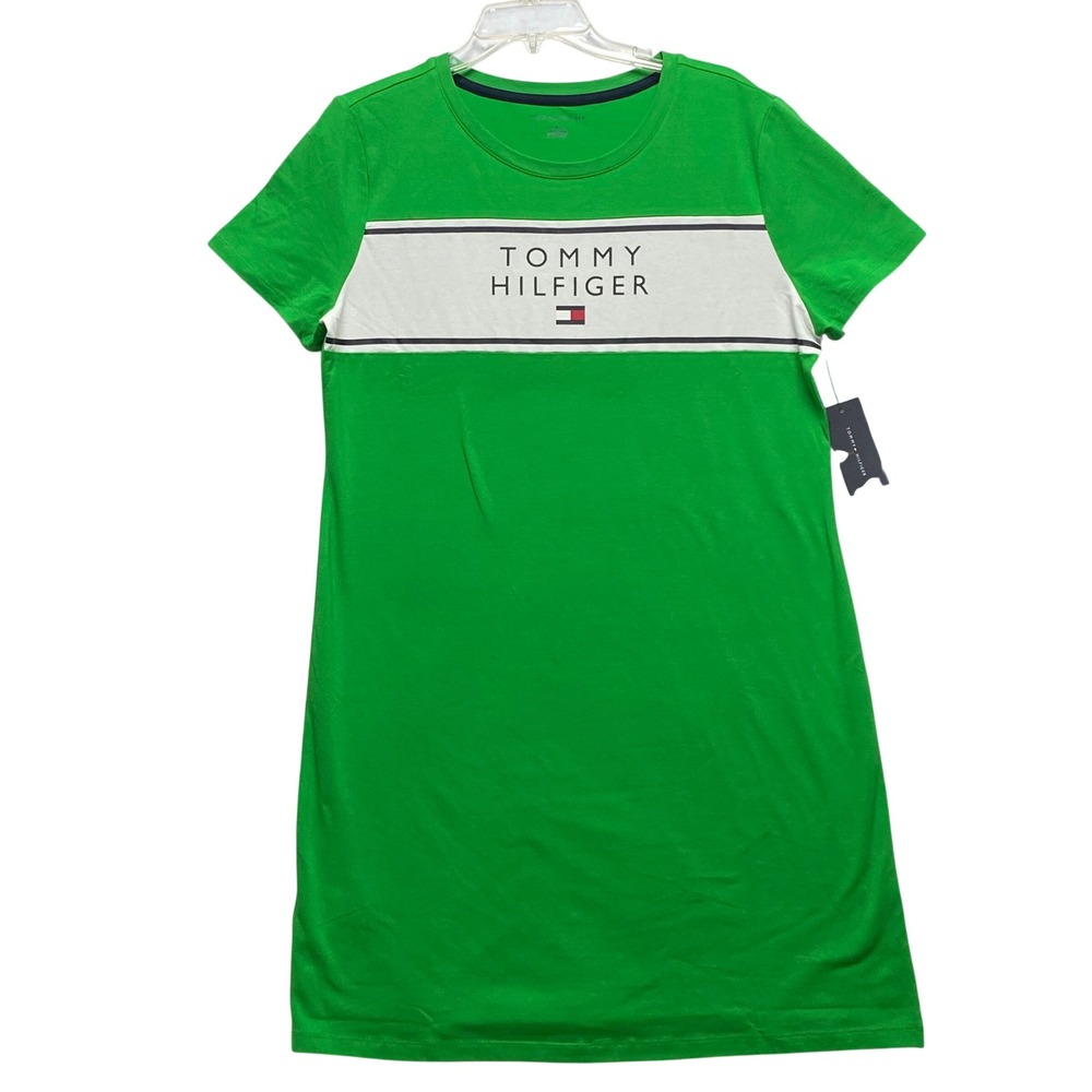Tommy Hilfiger Womens Green Logo Stripe T-Shirt Mini Dress L New - Picture 2 of 6
